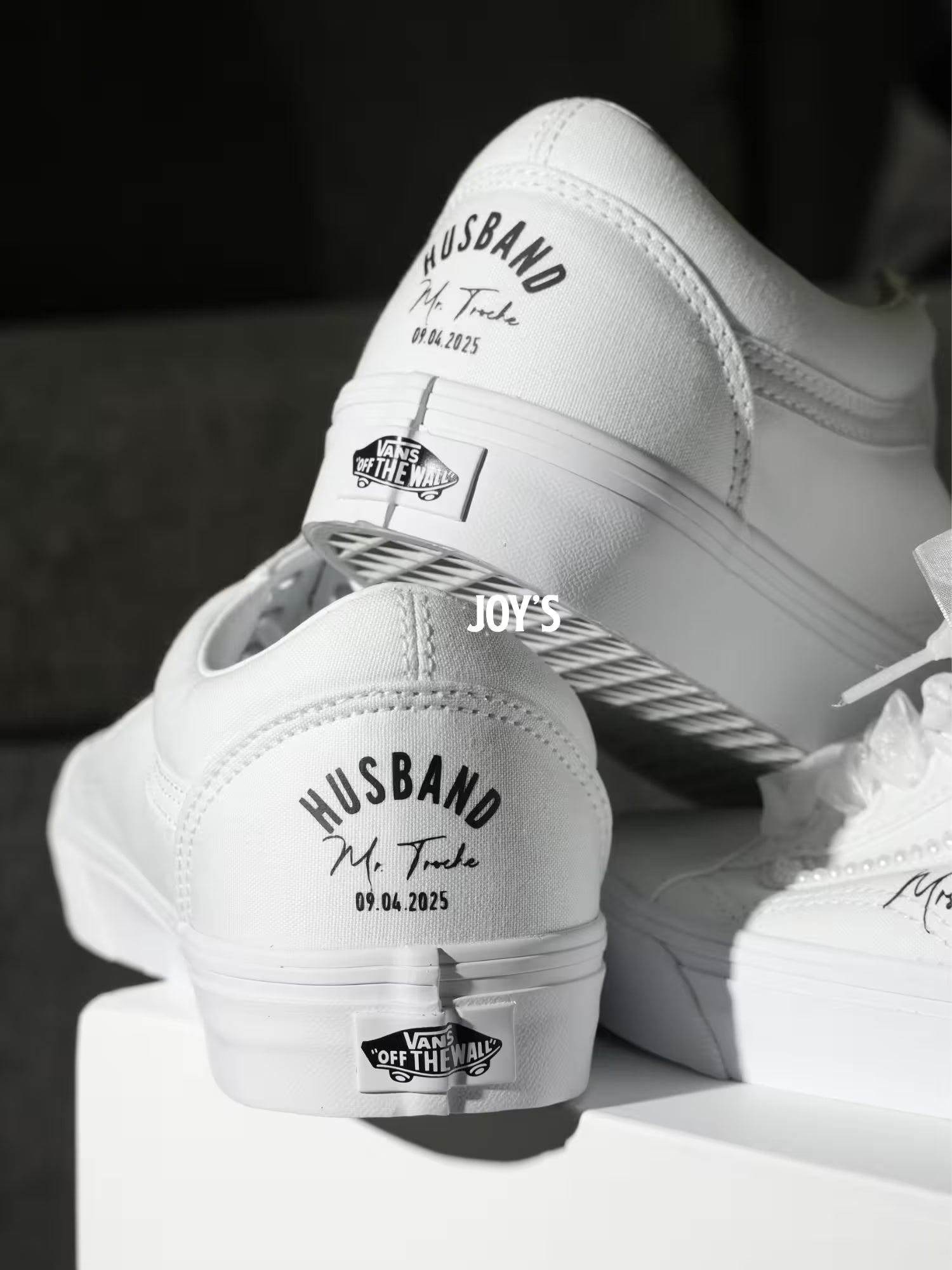 White Vans sneakers with text "Husband" and wedding date