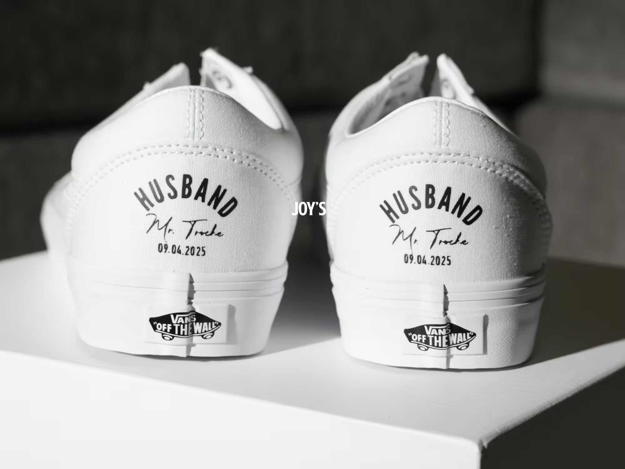 White Vans sneakers with text "Husband" and wedding date