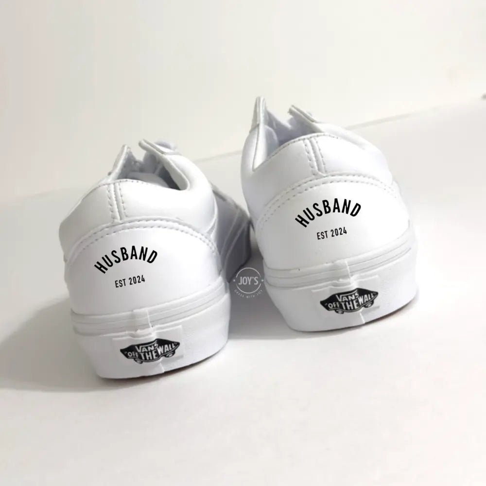 Wedding Custom white Vans sneakers with “Husband.” lettering on the heel, designed as groom shoes.