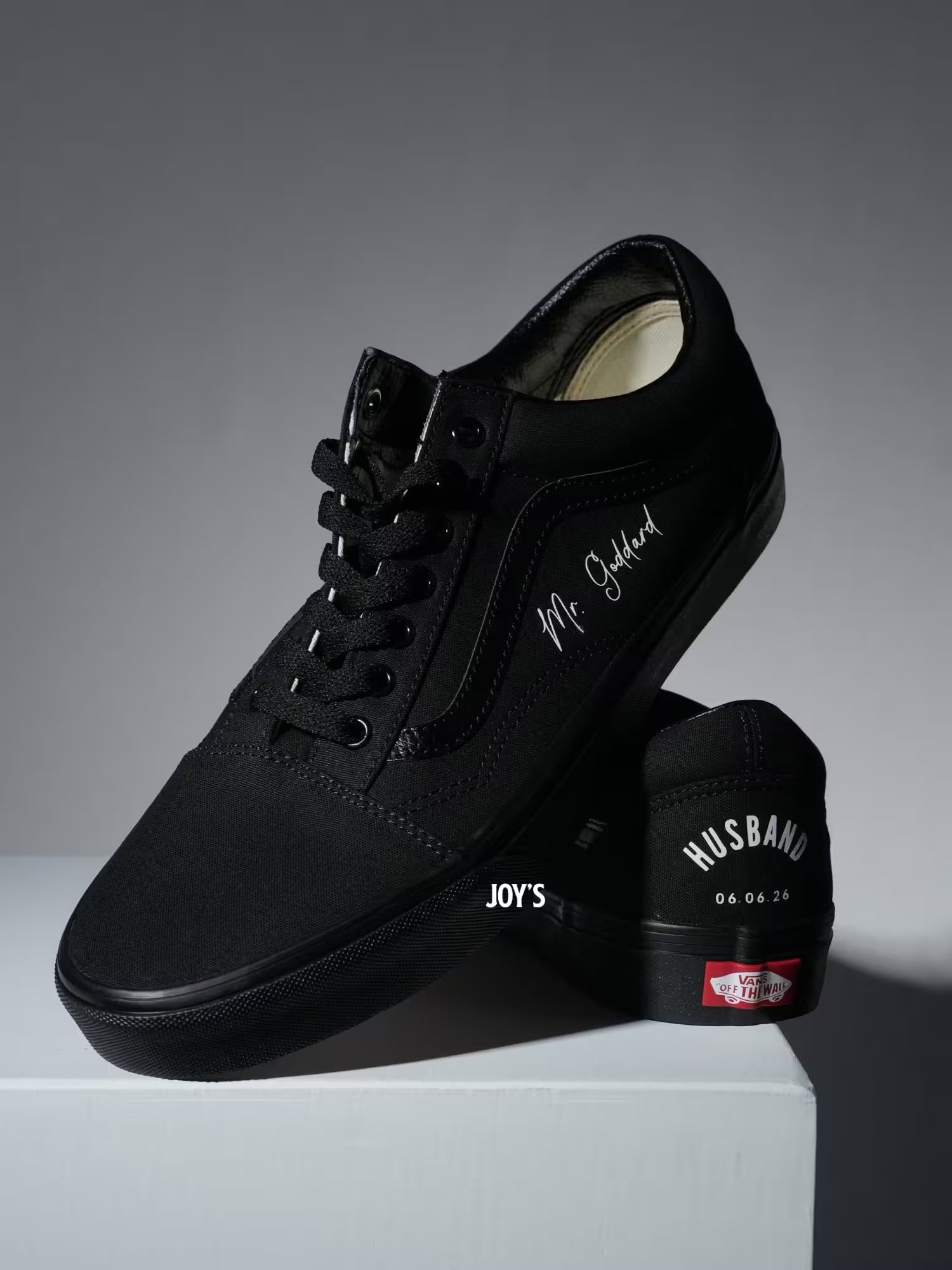 Black Vans Canvas for Groom with White Lettering 