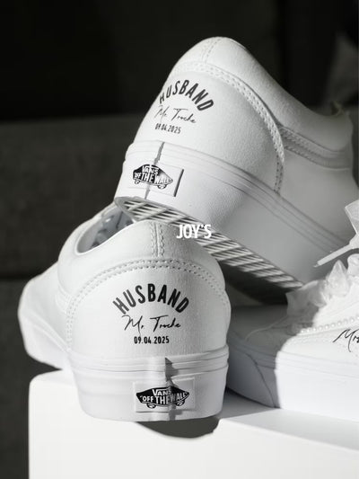 White Vans sneakers with text "Husband" and wedding date