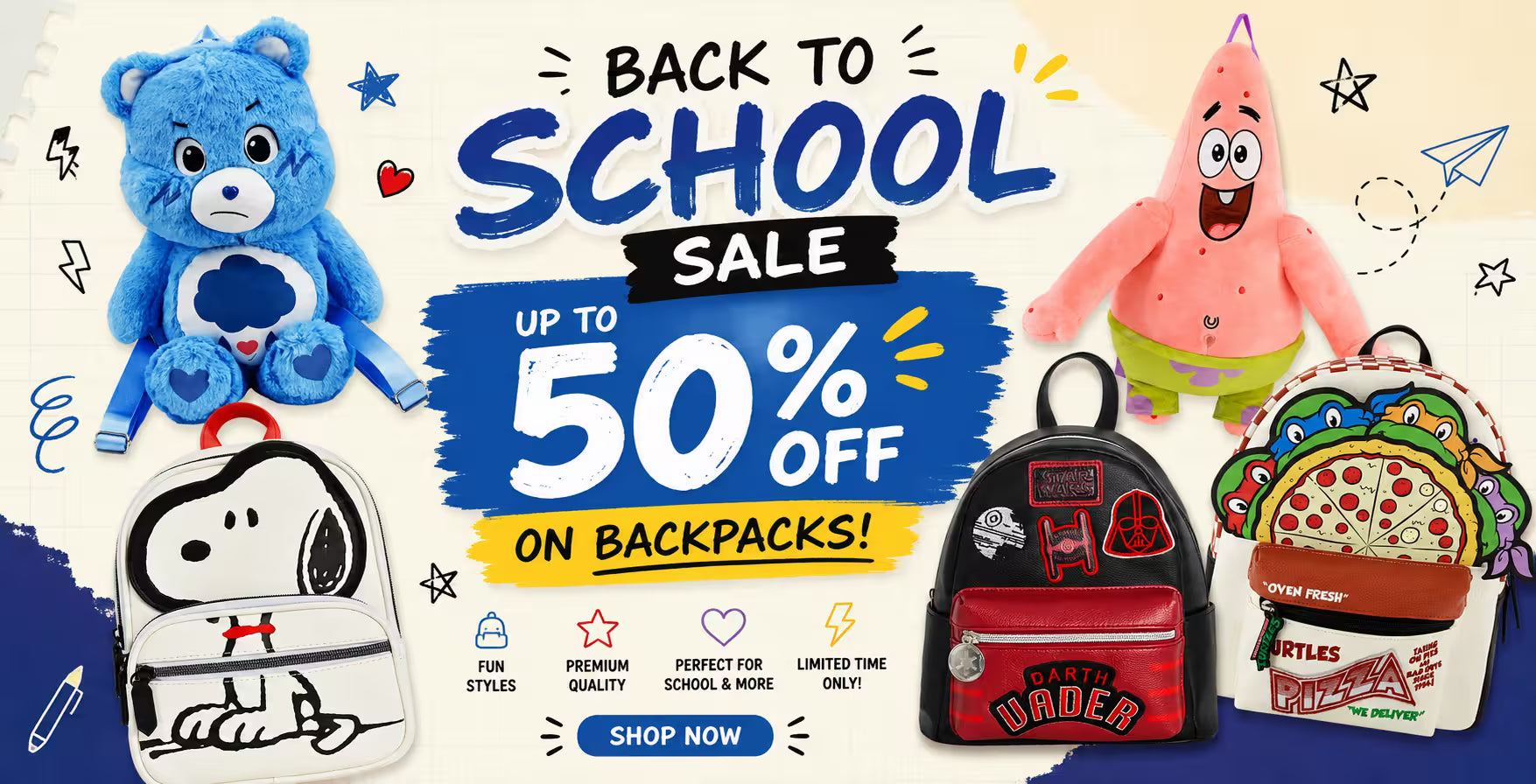 Promotional graphic for a school sale featuring multiple backpacks and plush toys. The central text reads 'BACK TO SCHOOL SALE UP TO 50% OFF ON BACKPACKS!' with a blue and yellow banner and a 'SHOP NOW' button.