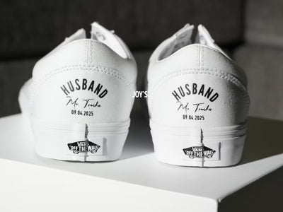 White Vans sneakers with text "Husband" and wedding date