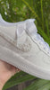 Custom white wedding Nike Air Force 1 with pearl-embellished swoosh, white ribbon laces